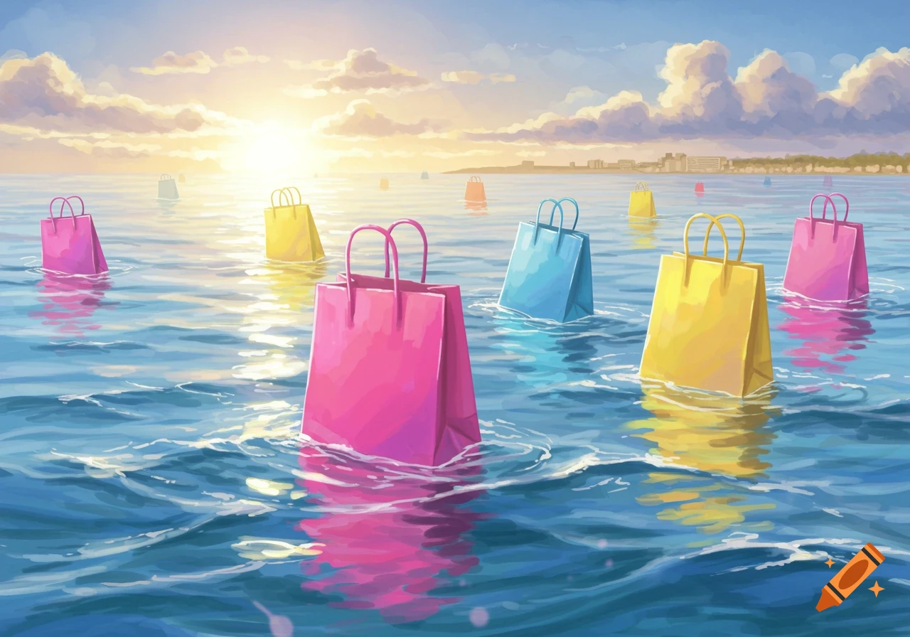 Colorful shopping bags floating in the ocean water under a sunset sky with clouds, in an illustrative style.