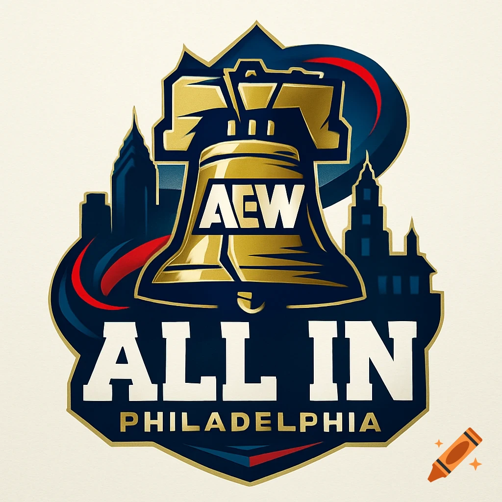 A gold and blue logo featuring the Liberty Bell with "AEW" on it, "ALL IN" and "PHILADELPHIA" text, and city silhouettes.
