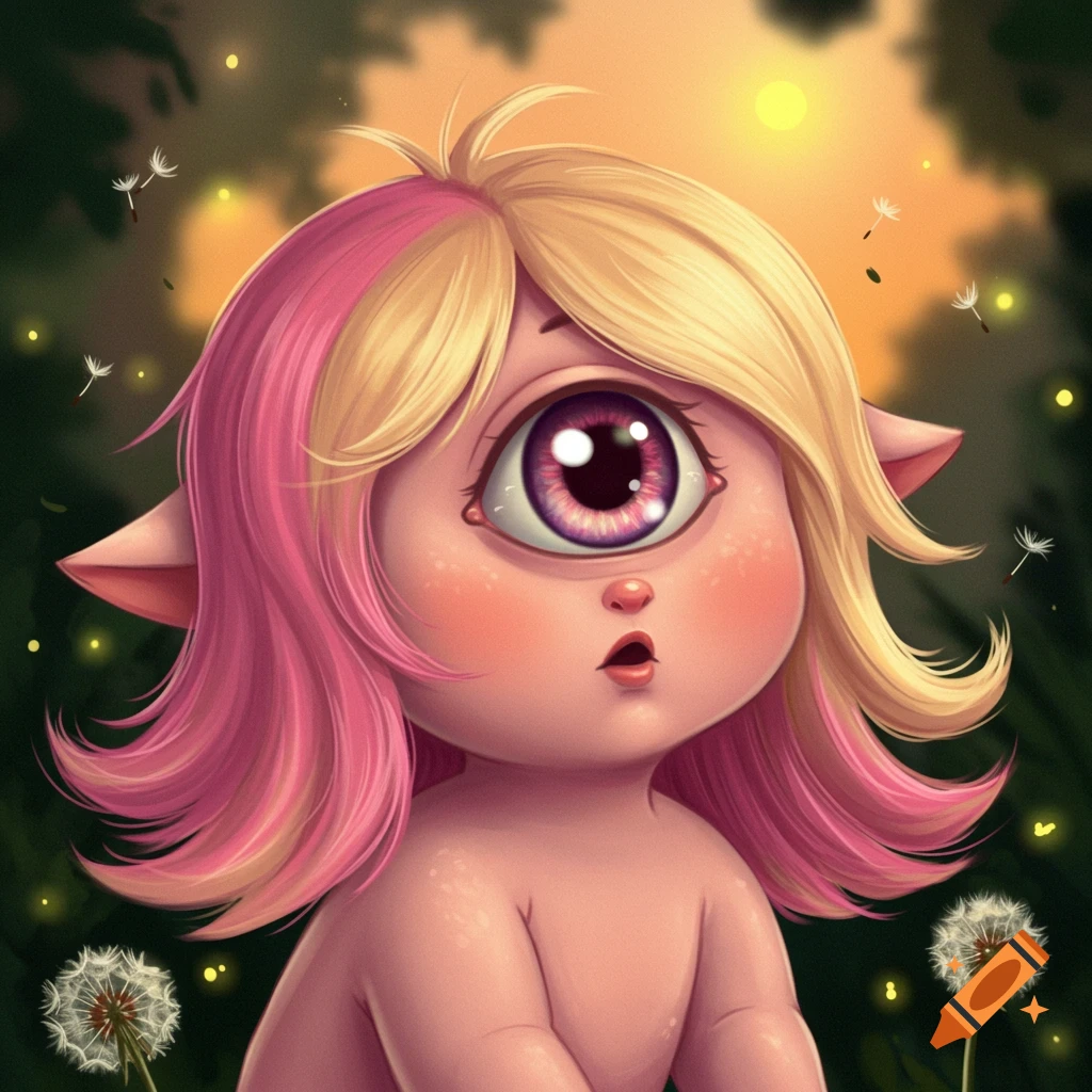 A cute, pink-skinned baby Cyclops with large purple eyes and pink and blonde hair stares forward in a forest setting with fireflies and dandelions.