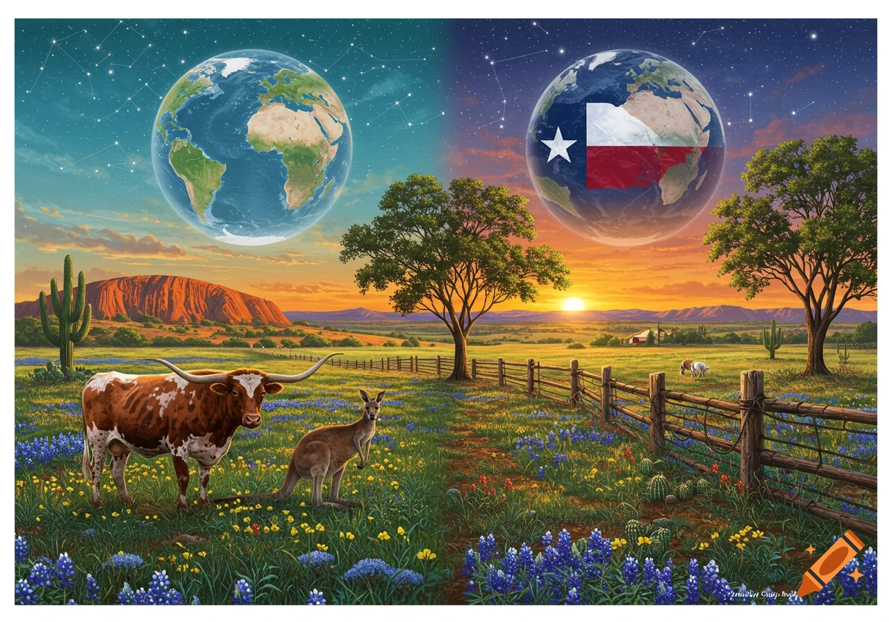 A surreal landscape combining Texas and Australia, with a longhorn, kangaroo, bluebonnets, cacti, red mesa, trees, and two Earths in a starry twilight sky.
