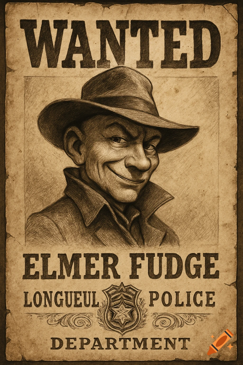 Sepia-toned caricature of Elmer Fudd on an old wanted poster, with text "WANTED ELMER FUDGE LONGUEUL POLICE DEPARTMENT" and a badge.