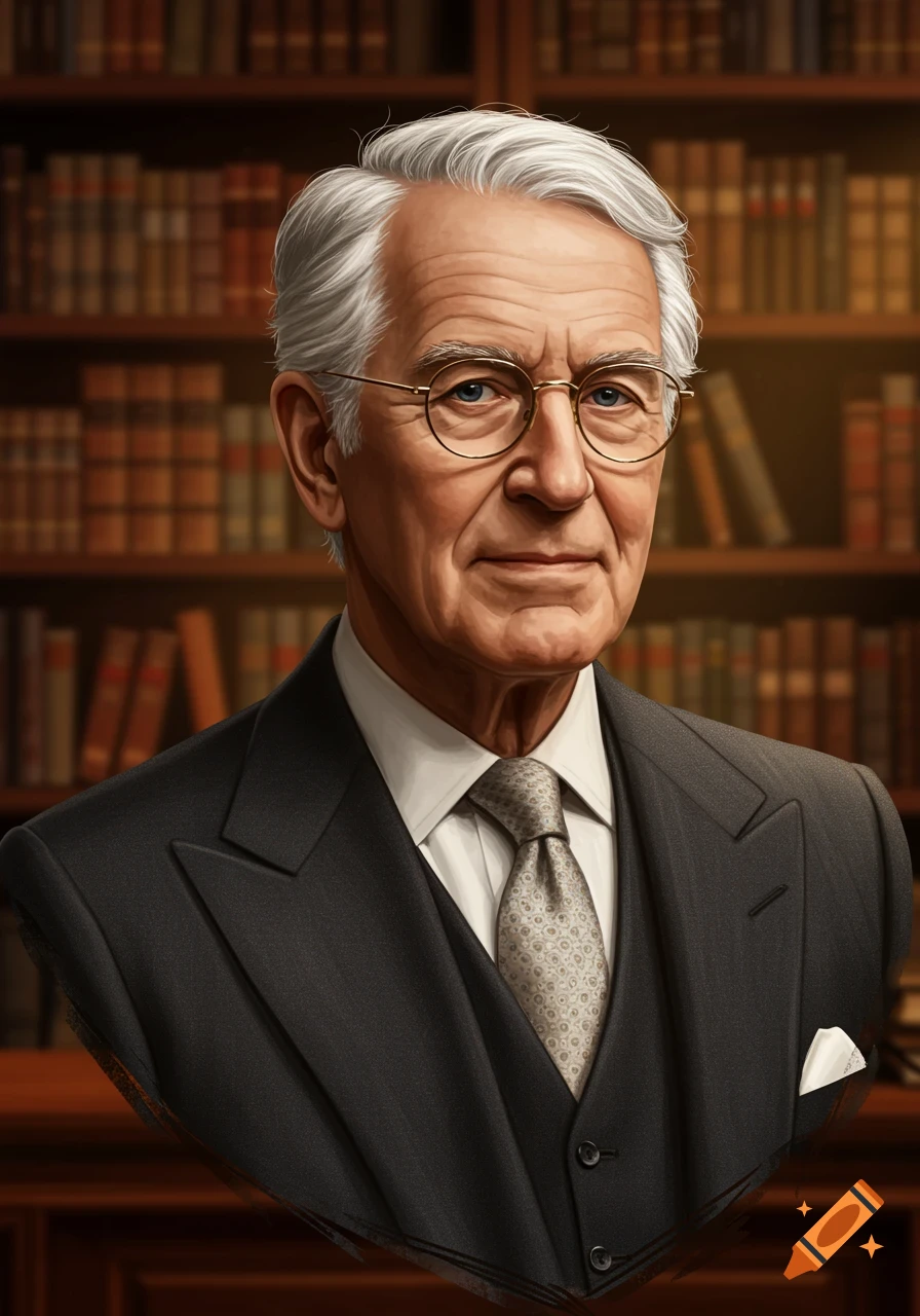 Photorealistic portrait of an elderly man with white hair and glasses, wearing a suit, against a blurred library background.