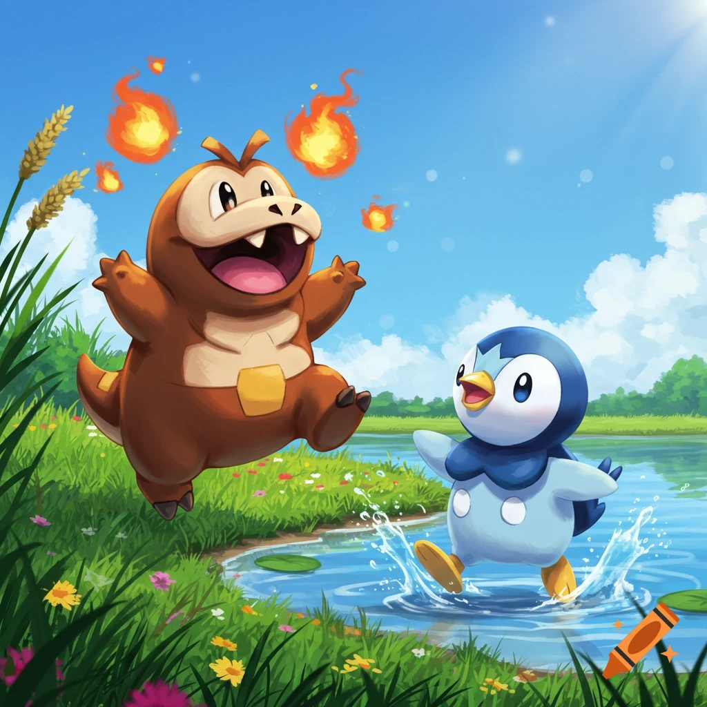 Fuecoco jumps excitedly with flames, while Piplup splashes in a pond under a blue sky in a vibrant cartoon style.