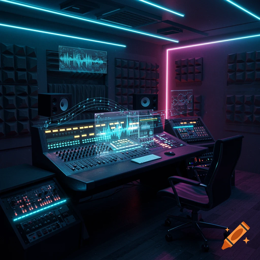 A futuristic music production studio with neon blue and pink lights illuminating a large soundboard, speakers, and holographic screens displaying waveforms.