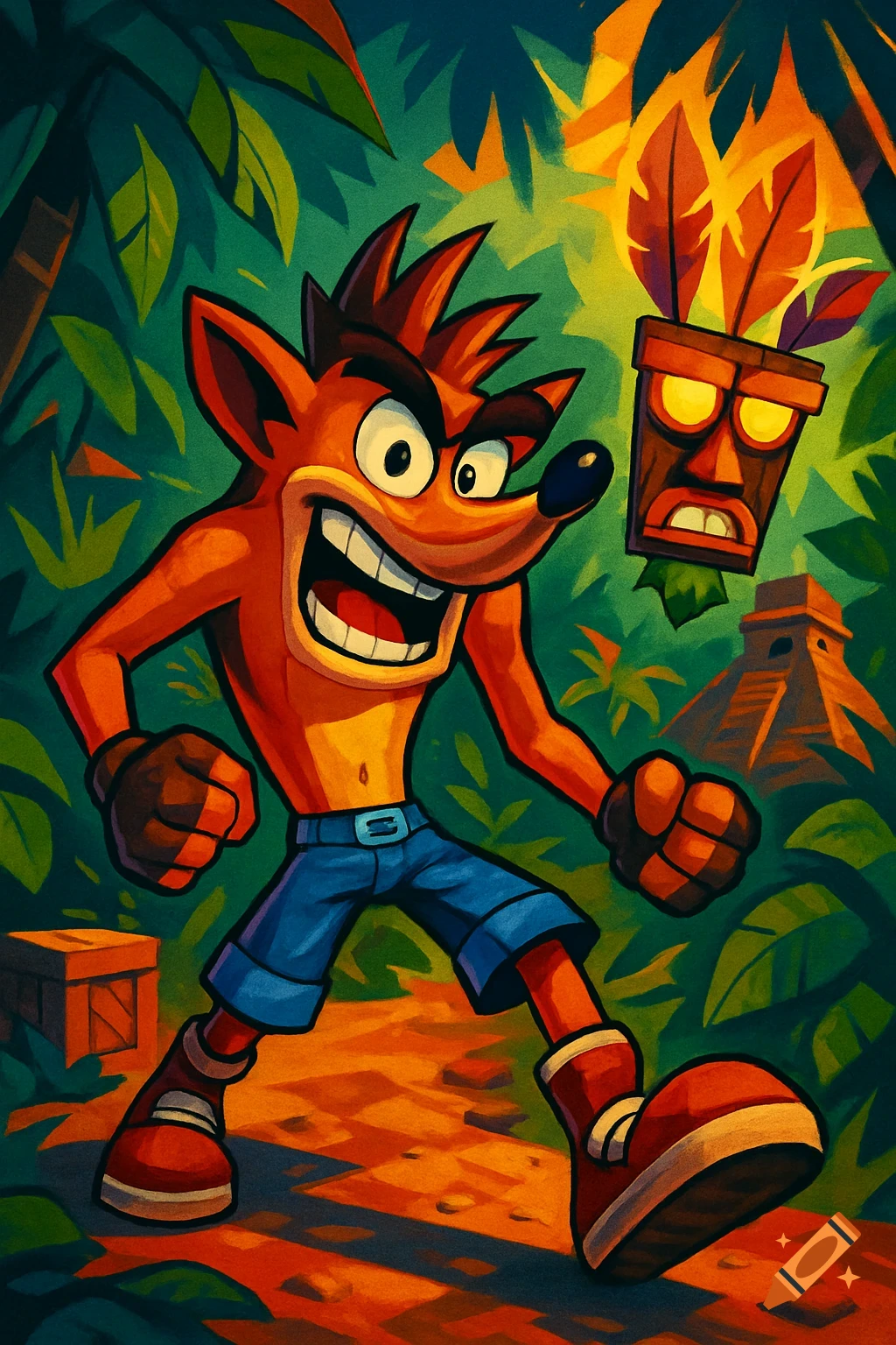 Crash Bandicoot and Aku Aku in a vibrant cartoon jungle with a pyramid in the background.