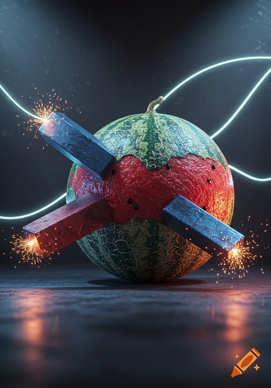 Photorealistic image of a watermelon with embedded metal bars emitting sparks, surrounded by glowing lines in a dark, moody setting.