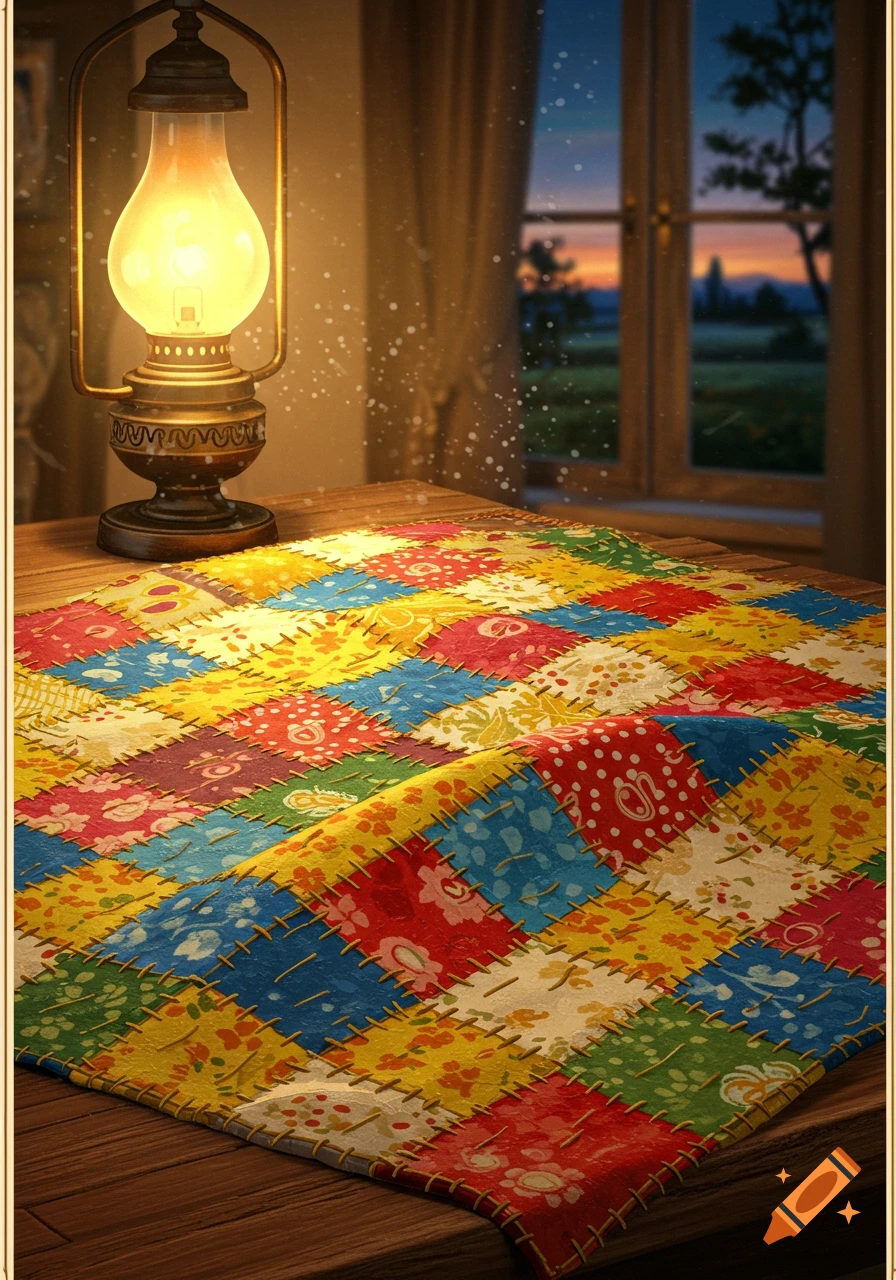 An antique lantern sits on a wooden table beside a vibrant patchwork cloth, illuminated by light from a window at sunset.