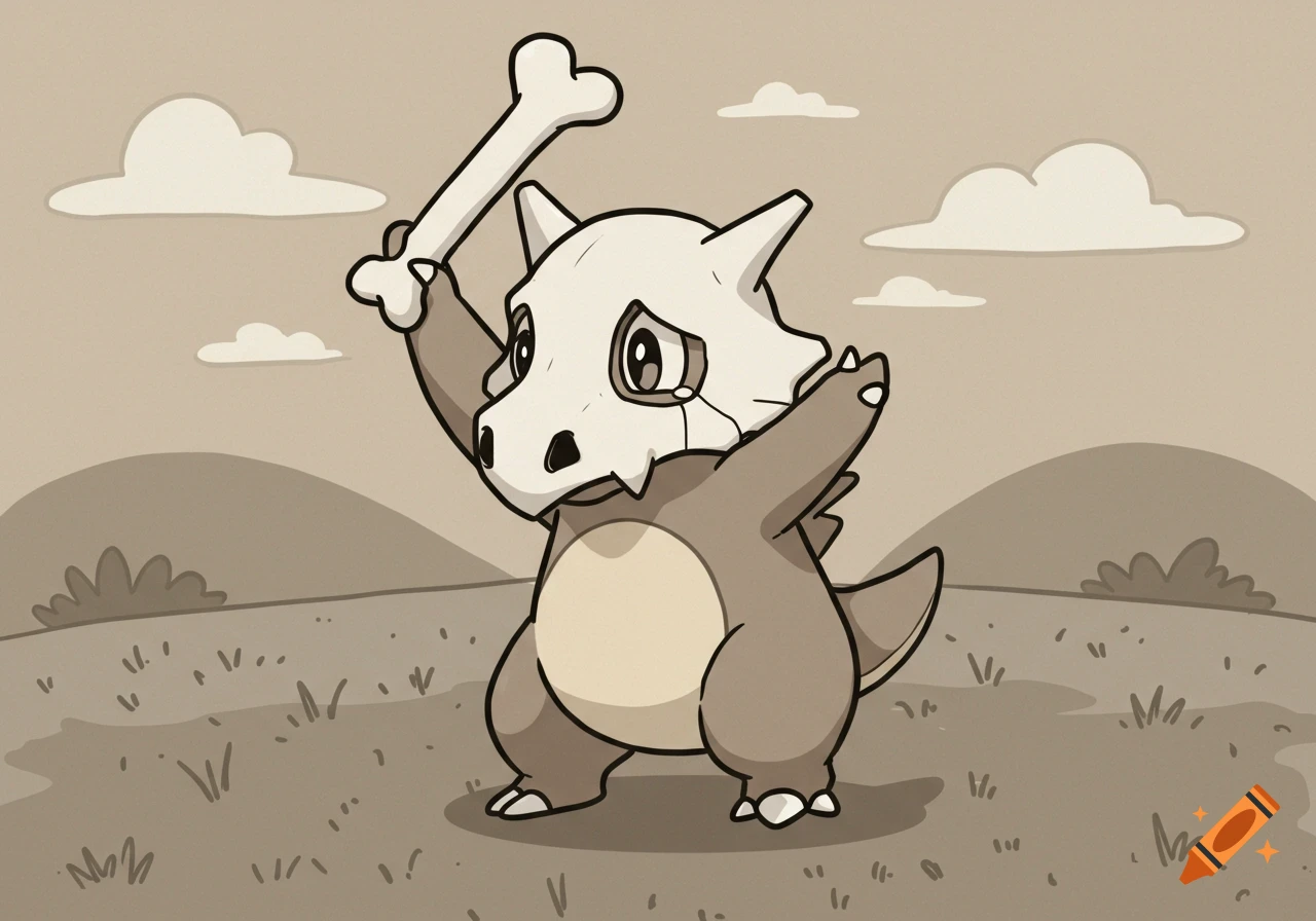 A sepia-toned, crying Cubone in rubber hose style holds a bone overhead in a field.