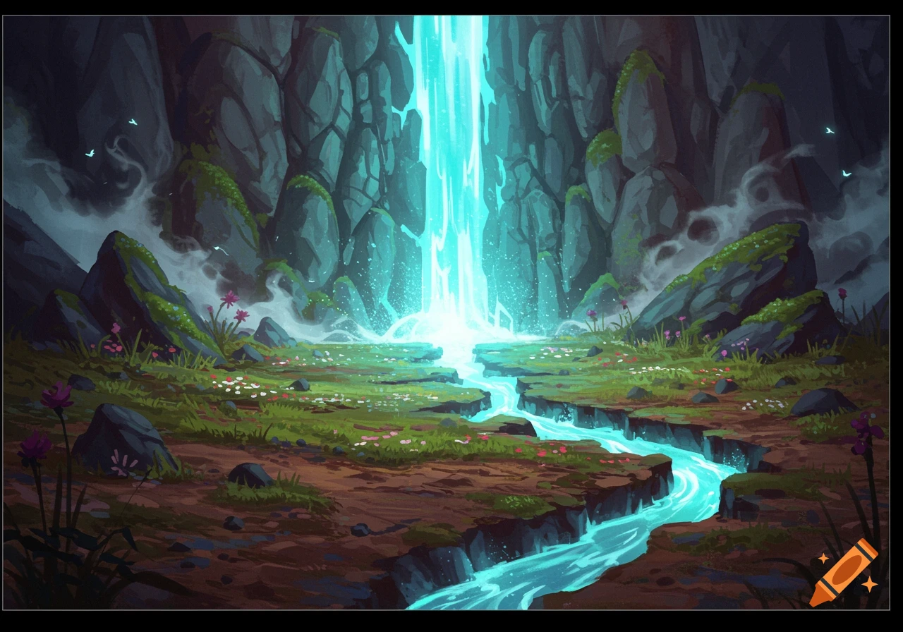 A vibrant fantasy landscape with a glowing blue waterfall cascading into a winding stream through a mossy, rocky valley.