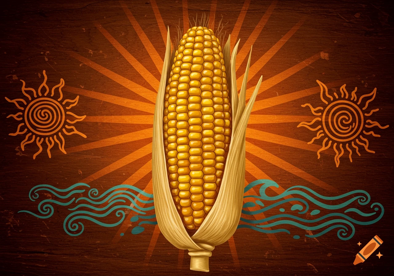 A stylized ear of corn with golden kernels on a dark brown wooden background with orange sunburst rays, flanked by tribal sun symbols and blue wave patterns.