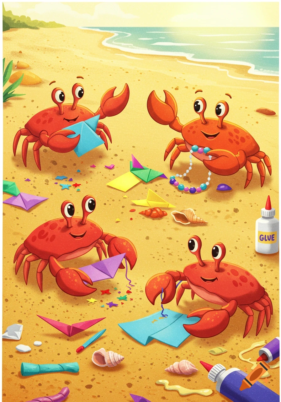 Four happy cartoon crabs on a sandy beach making colorful paper crafts, bead necklaces, and using glue, with seashells scattered around and the ocean in the background.