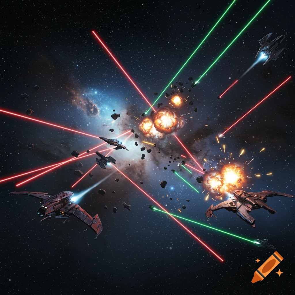 Digital art of a vibrant space battle with spaceships, red and green lasers, explosions, and asteroid debris against a nebula background.
