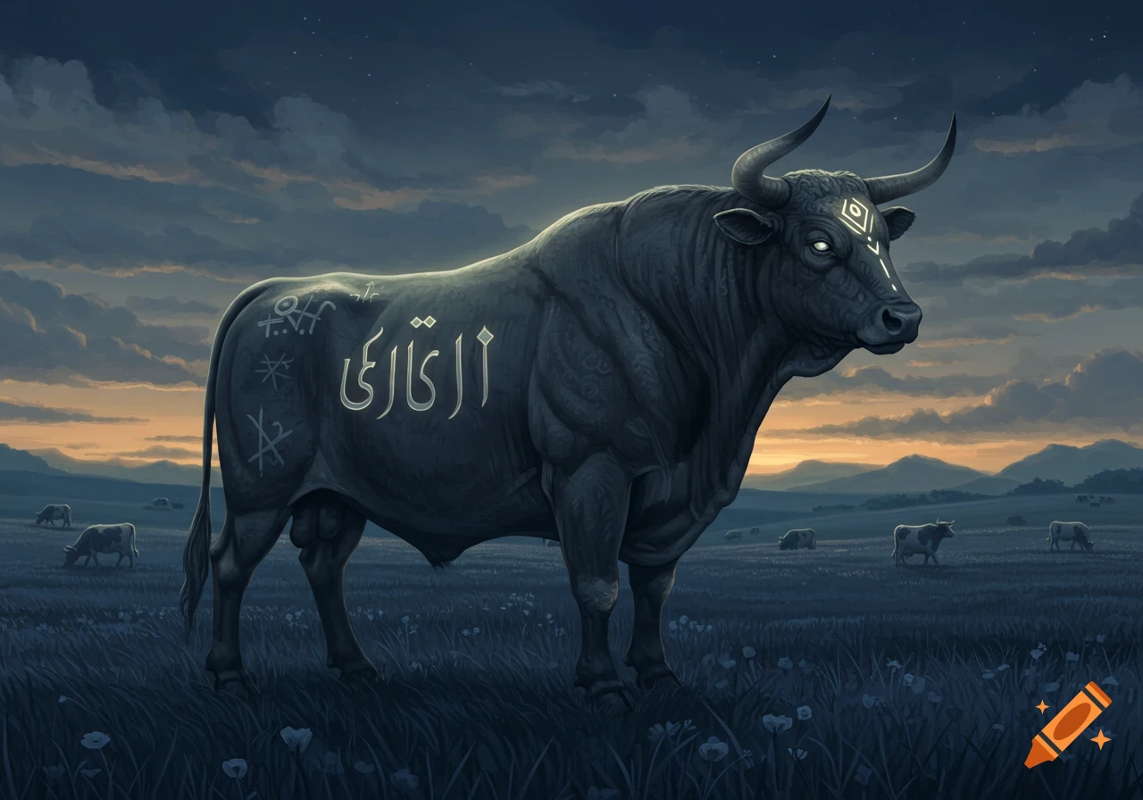 A majestic dark bull with glowing symbols stands in a mystical, dimly lit pasture with other cows and hills under a cloudy sky.