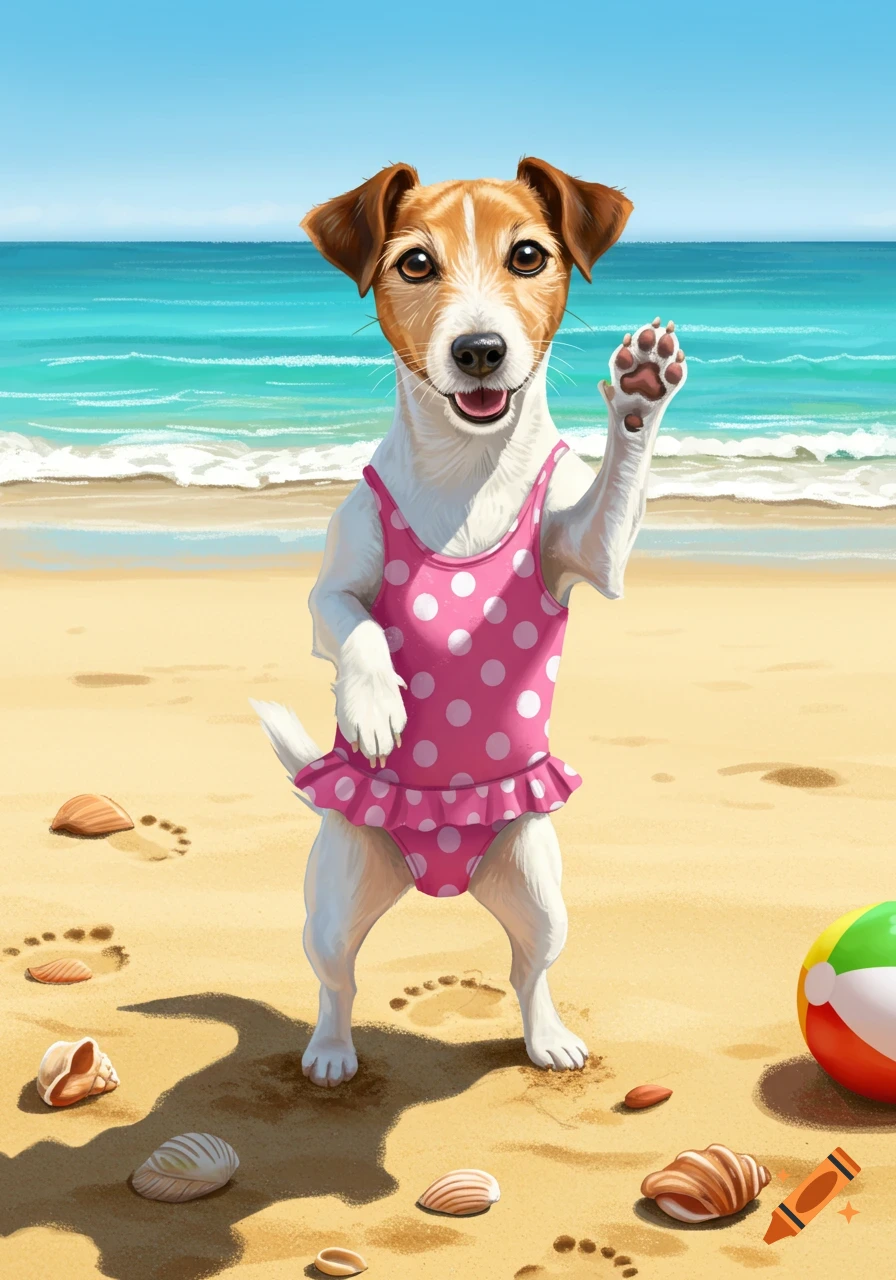 A happy Jack Russell dog in a pink polka-dot bathing suit stands on a beach, waving.