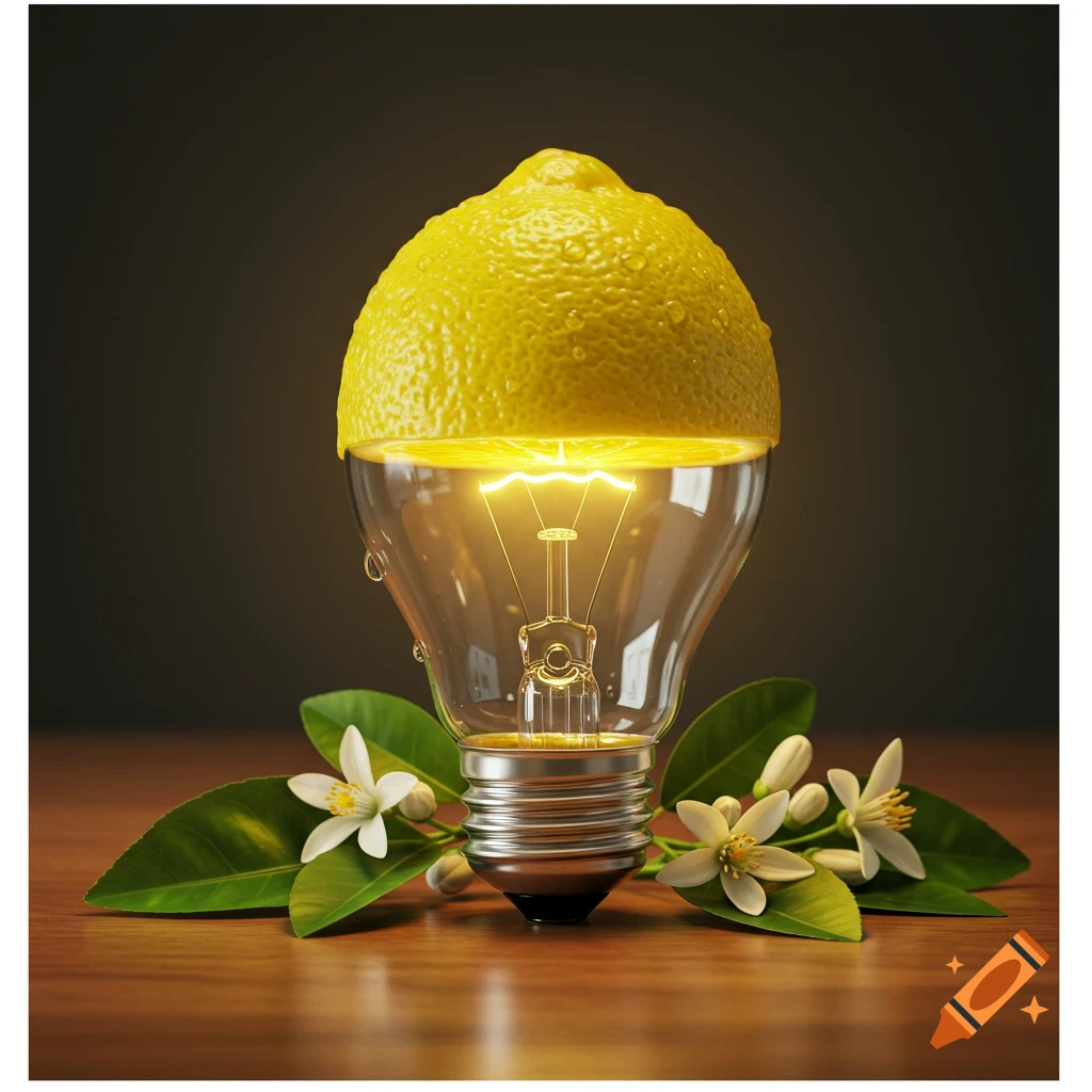 Photorealistic image of a glowing lightbulb with a lemon as its top, surrounded by lemon leaves and white flowers on a wooden surface.