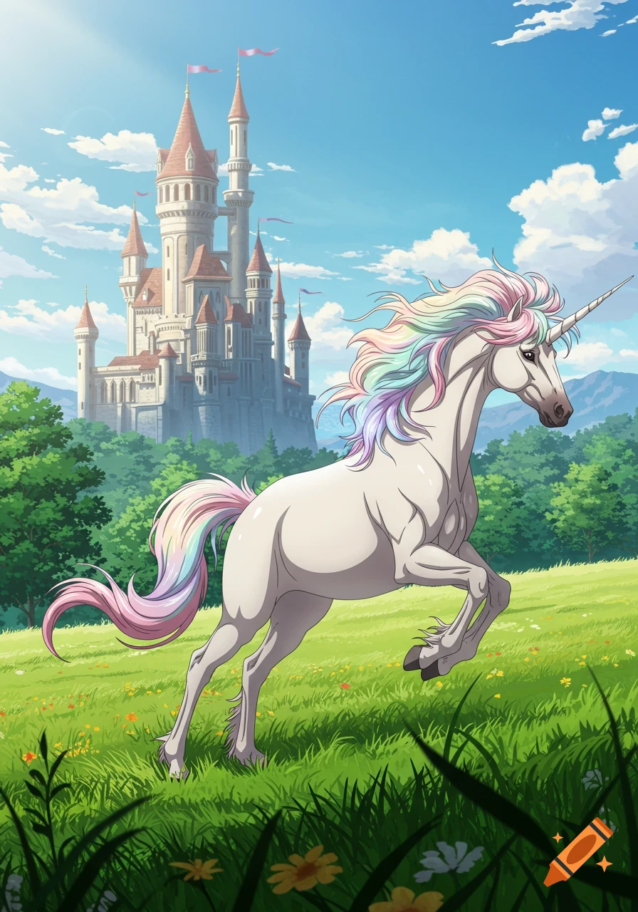 A white unicorn with a rainbow mane gallops through a green field with flowers in front of a light-colored castle, in an anime style.
