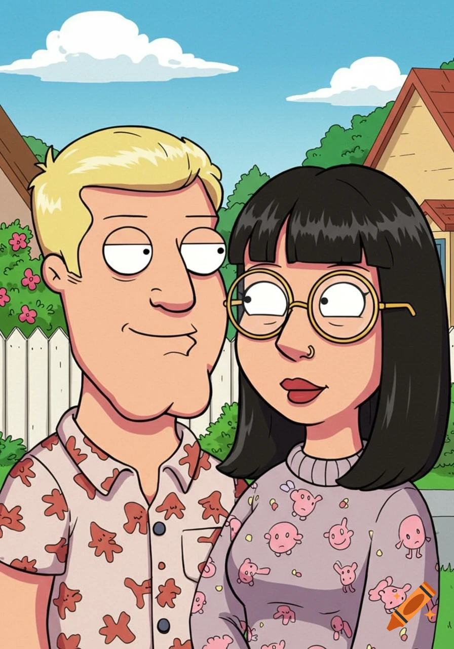 A blonde man and a woman with bangs and glasses, drawn in a Family Guy cartoon style, standing outdoors.