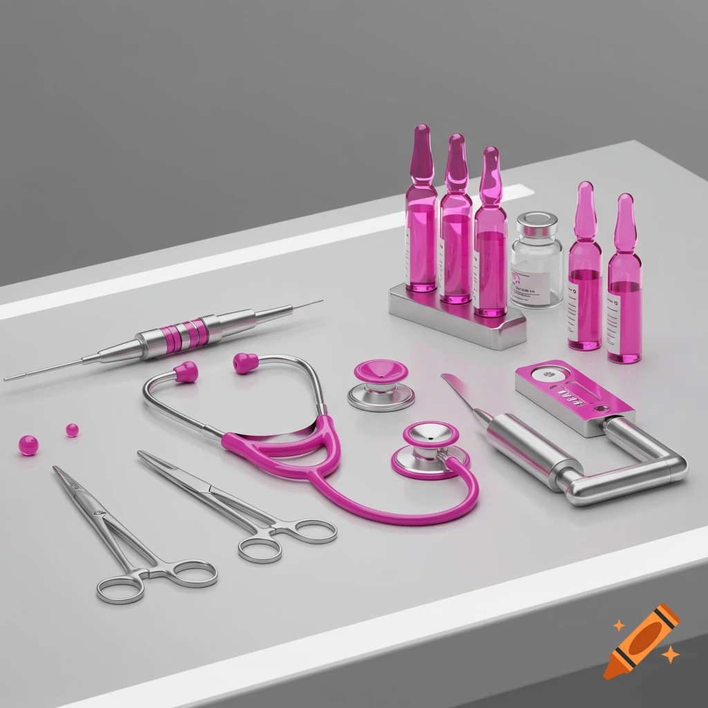 A collection of silver medical instruments with hot pink accents, including a stethoscope, scissors, needles, and vials, on a light grey surface.
