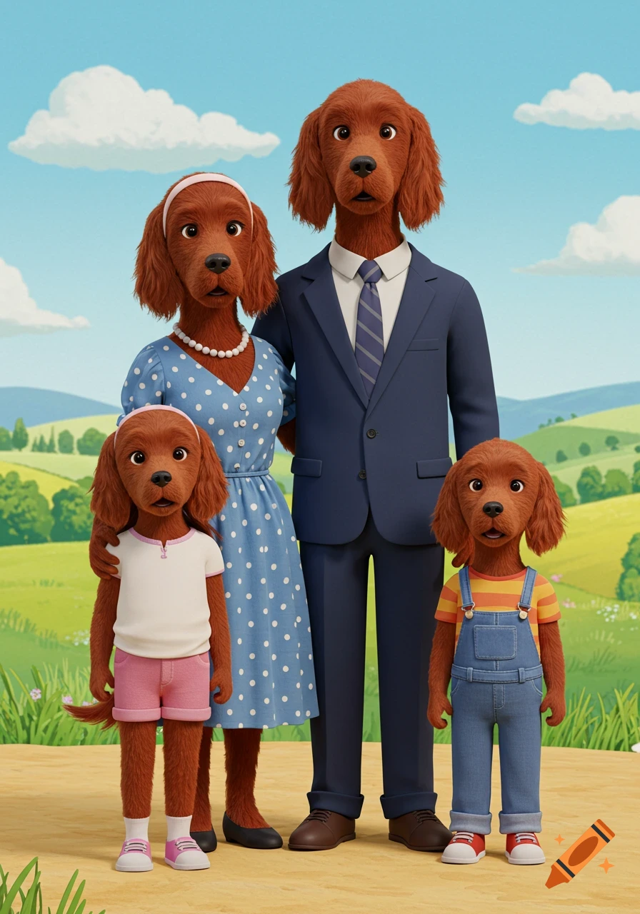 An animated family of four Irish Setter dogs, dressed in human clothes, standing in a sunny green field.