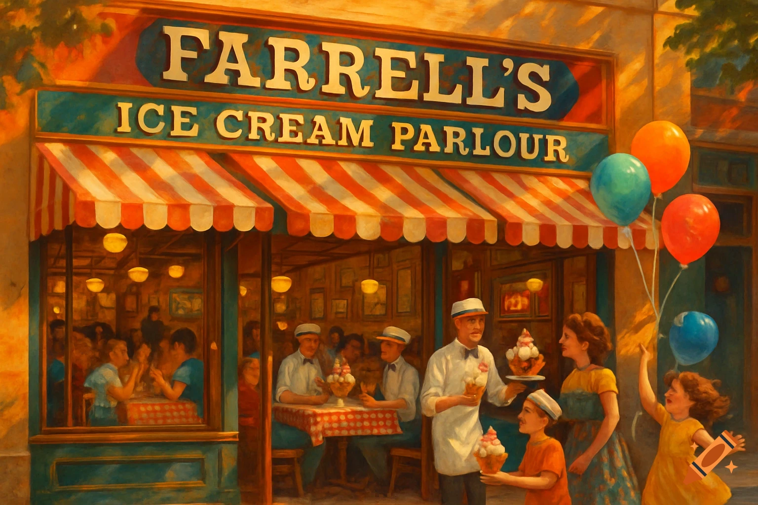 Vibrant painting of Farrell's Ice Cream Parlour with a striped awning and people enjoying ice cream outside.