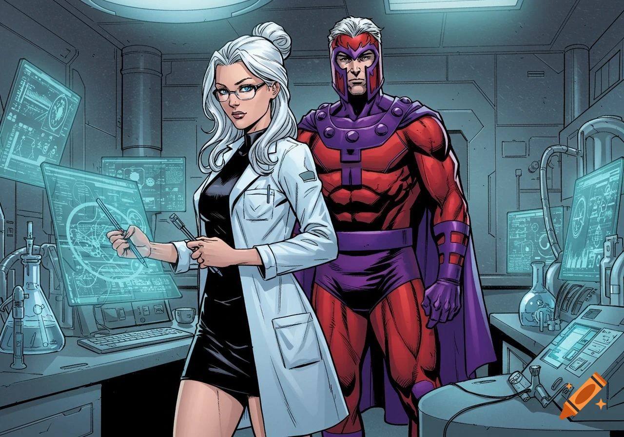 A white-haired woman in a lab coat and a black dress points at a holographic screen while Magneto stands beside her in a science lab.