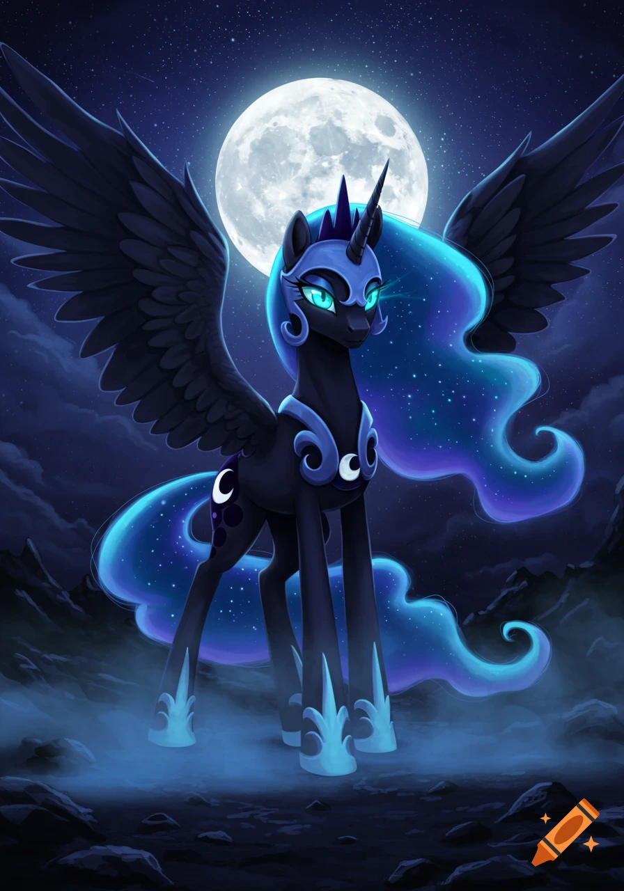 Nightmare Moon pony with dark fur, blue mane, and glowing eyes stands under a large full moon in a mystical, starry night landscape.