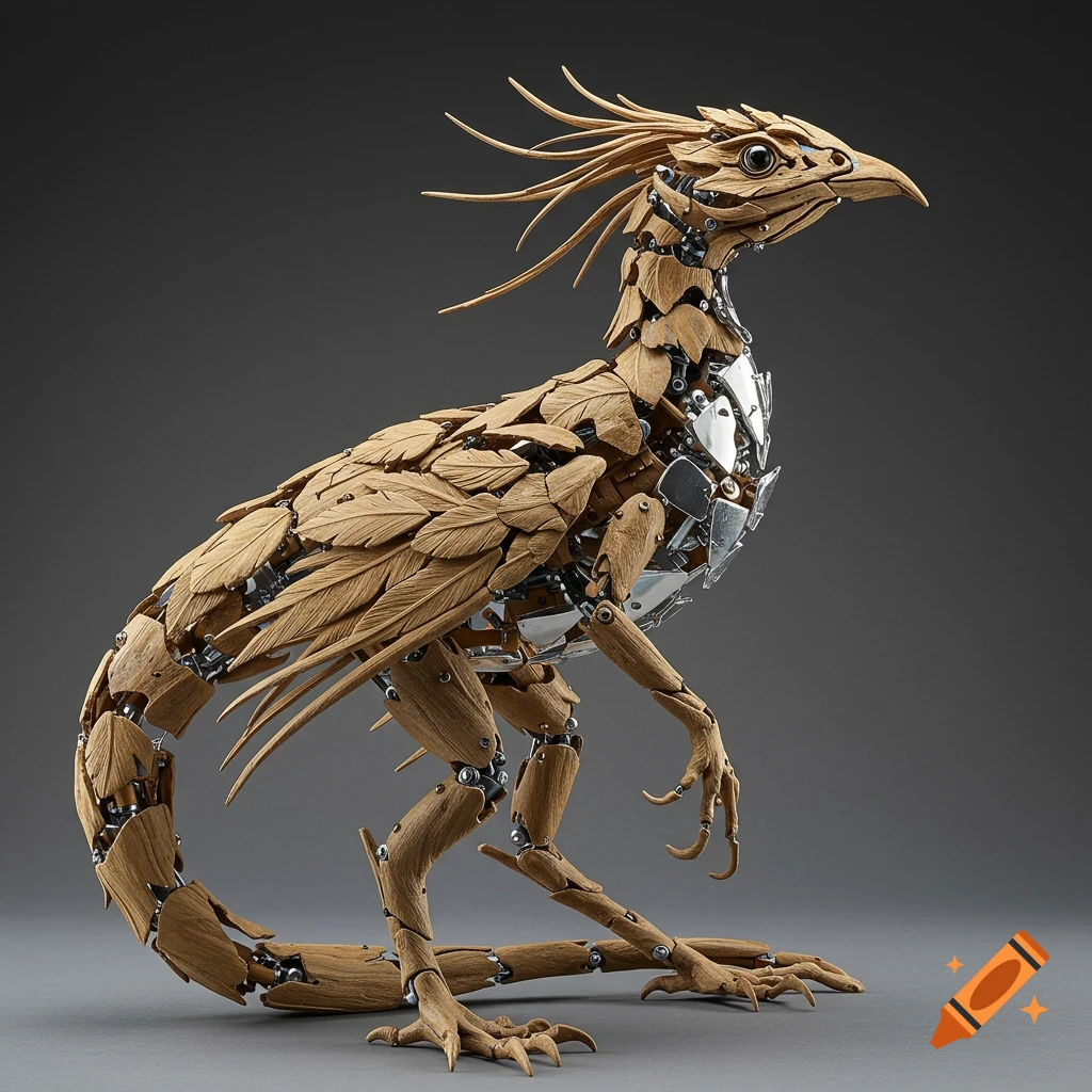 A detailed sculpture of a bird-like creature made from intricately carved wood resembling feathers and metallic mechanical joints, against a dark background.