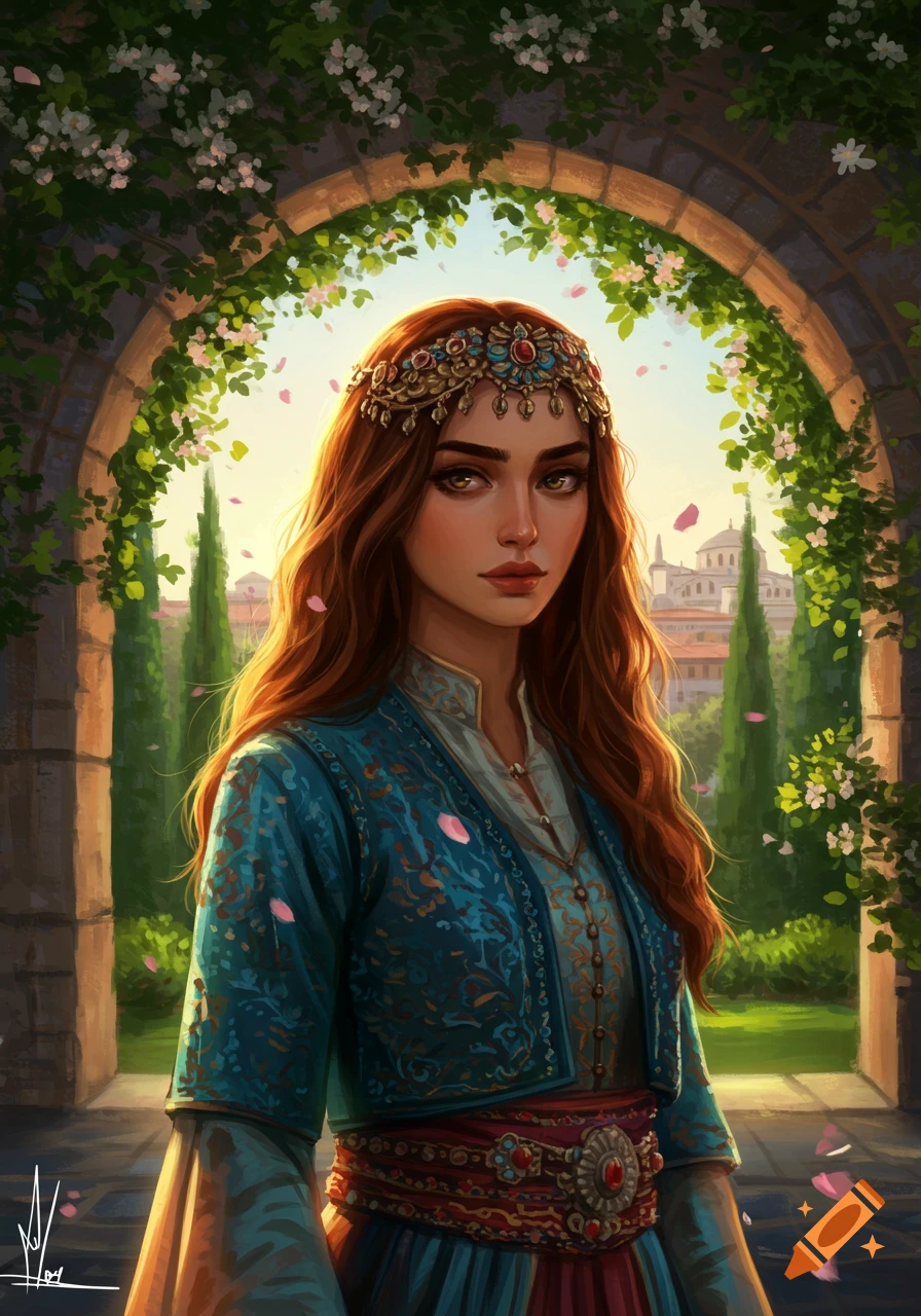 A beautiful young woman with long reddish-brown hair wearing a gold and turquoise headdress and a detailed blue and red traditional outfit, standing in an arched stone pathway with flowering vines and a cityscape in the background, in a painted style.