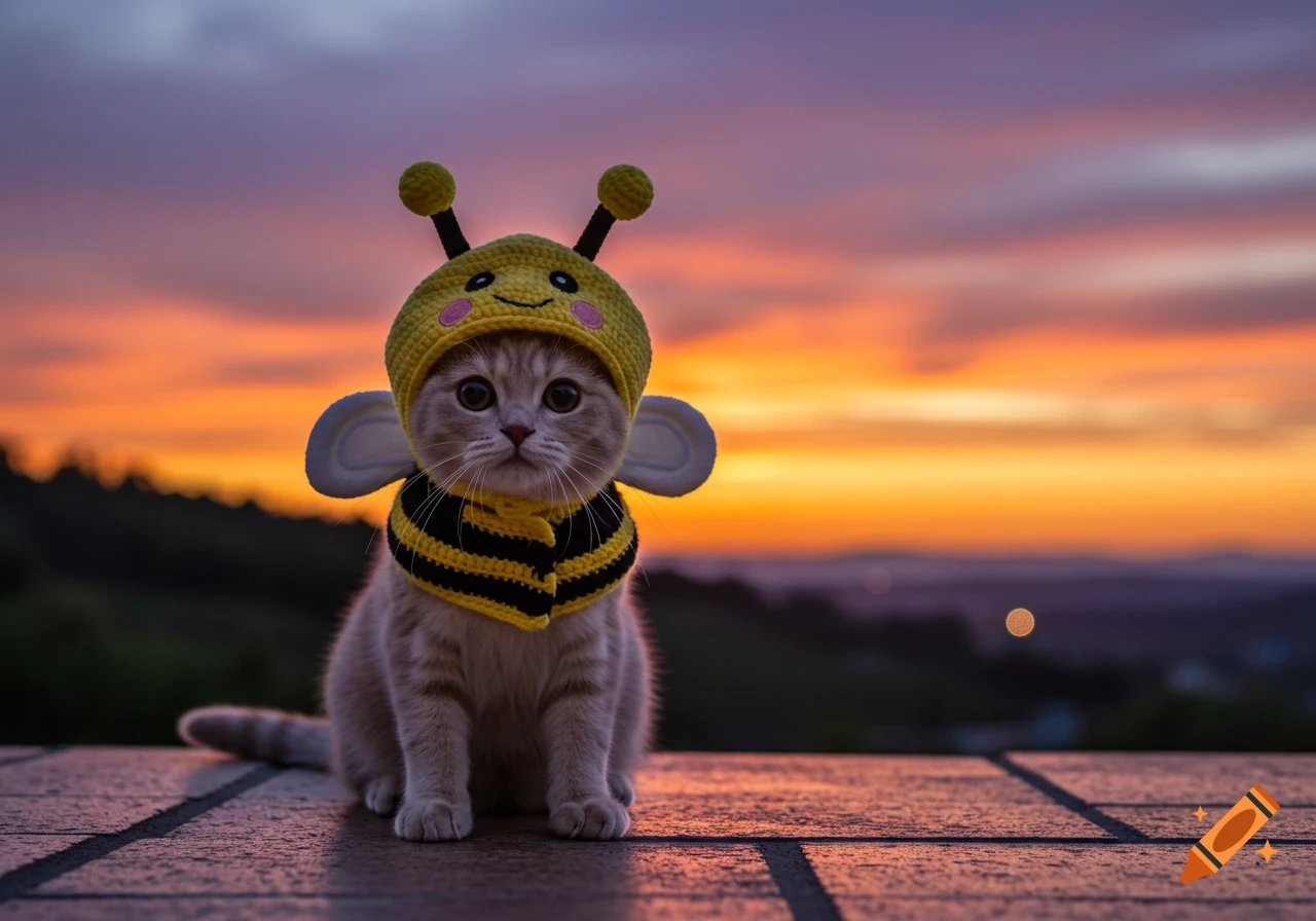 A cute kitten wearing a yellow and black striped bee hat and collar, sitting outdoors against a colorful sunset sky.