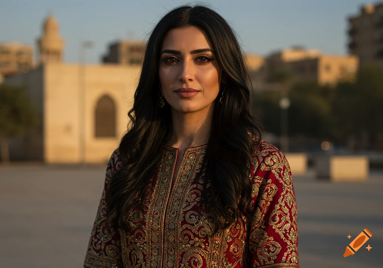 A beautiful woman with long dark hair wears a richly embroidered red and gold traditional dress, standing outdoors in front of historic buildings.