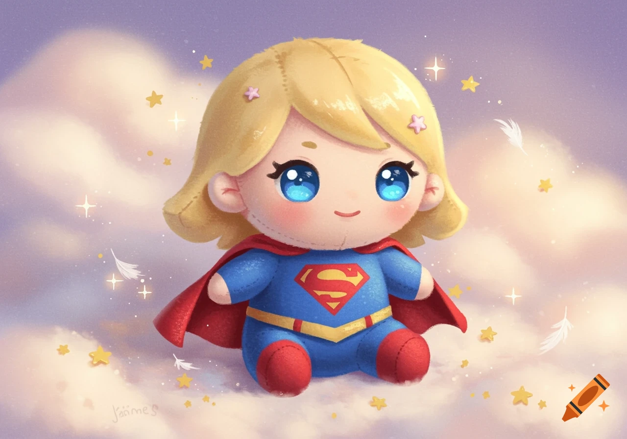 A cute Supergirl fumo plushie sits on soft clouds amidst sparkling stars and feathers in a dreamy, colorful sky.