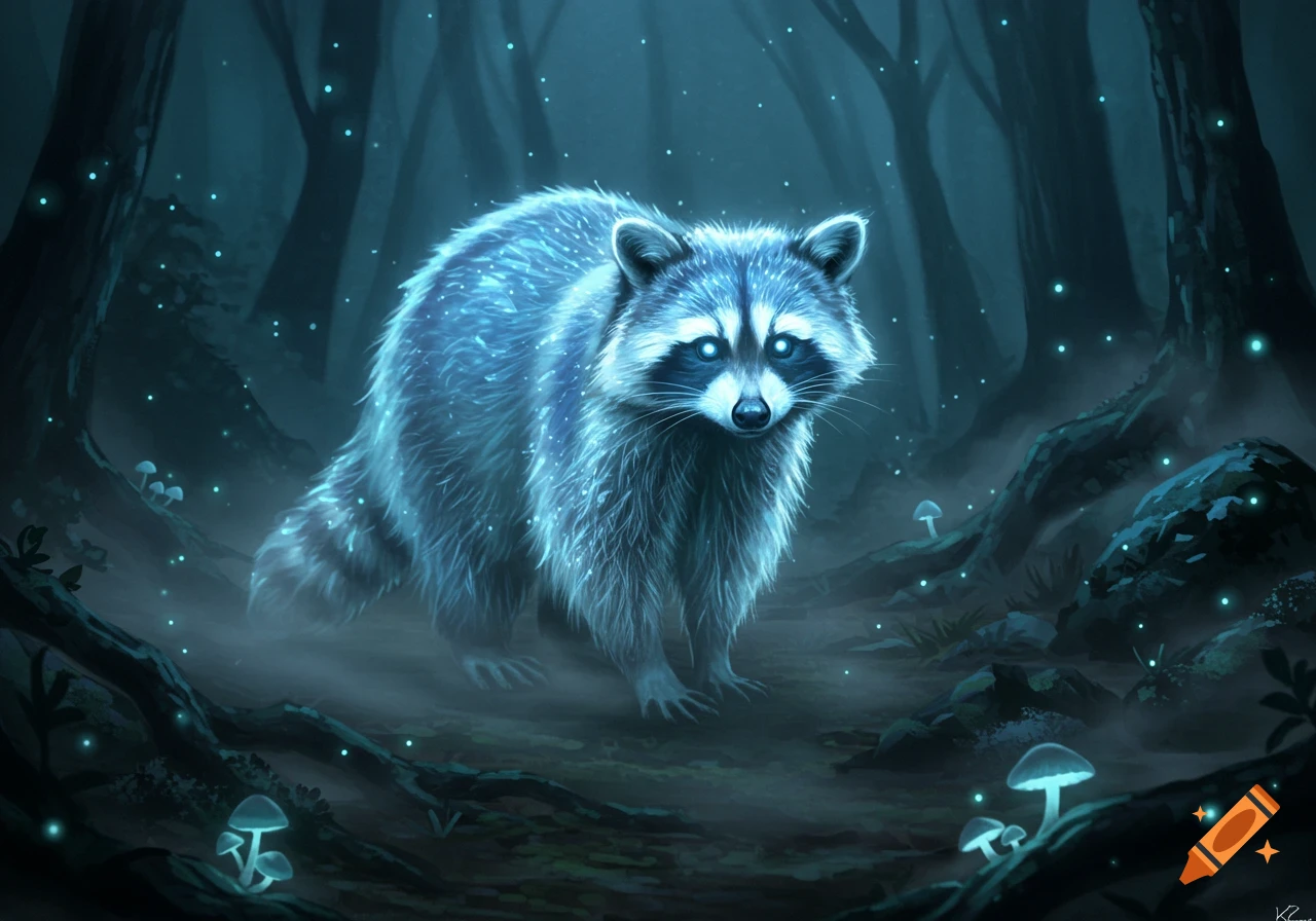 A glowing, blue-hued raccoon with bright eyes stands in a dark, misty forest with glowing mushrooms and fireflies.