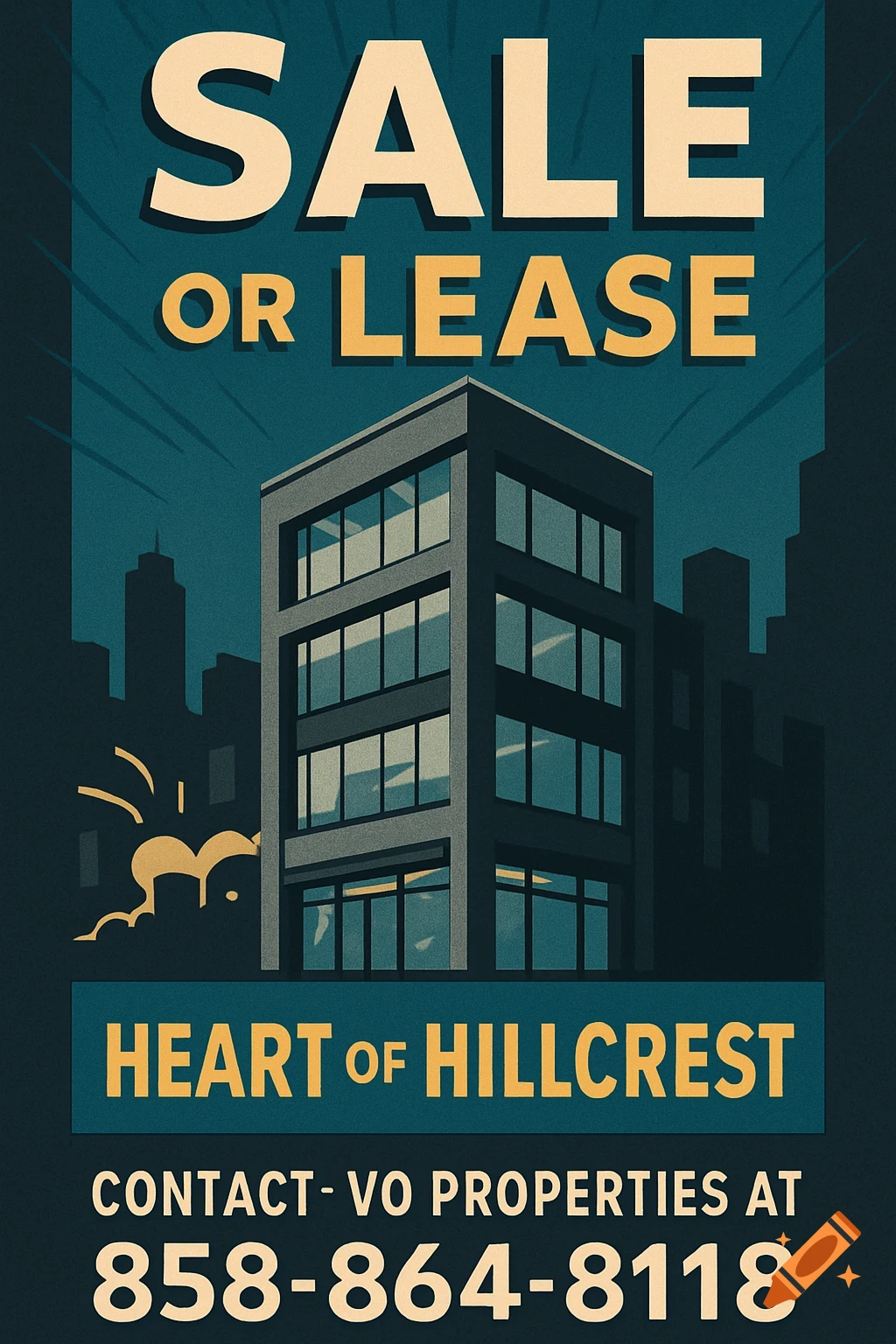 A stylized real estate poster for a building in the Heart of Hillcrest with 'SALE OR LEASE' and contact information.