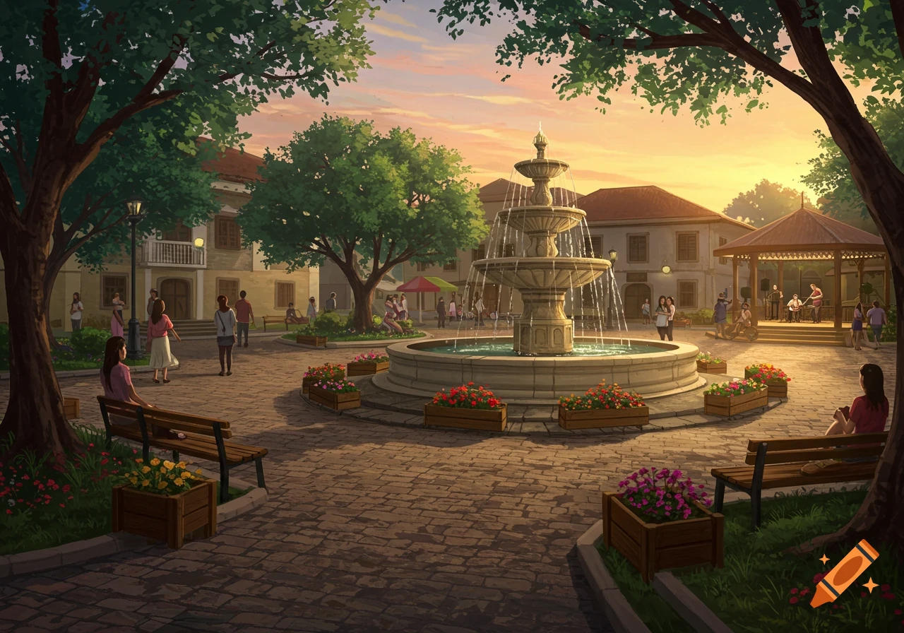 An illustrative scene of a lively plaza at sunset, featuring a large tiered fountain, people strolling and sitting, and trees surrounding buildings.