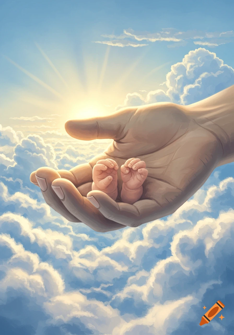 A large hand gently cradling two tiny baby feet amidst a bright, cloudy sky with sun rays.