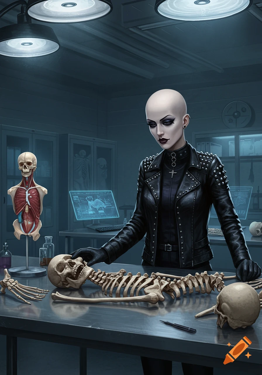 A bald goth woman in a leather jacket examines a human skeleton on a lab table in a dimly lit forensic lab.