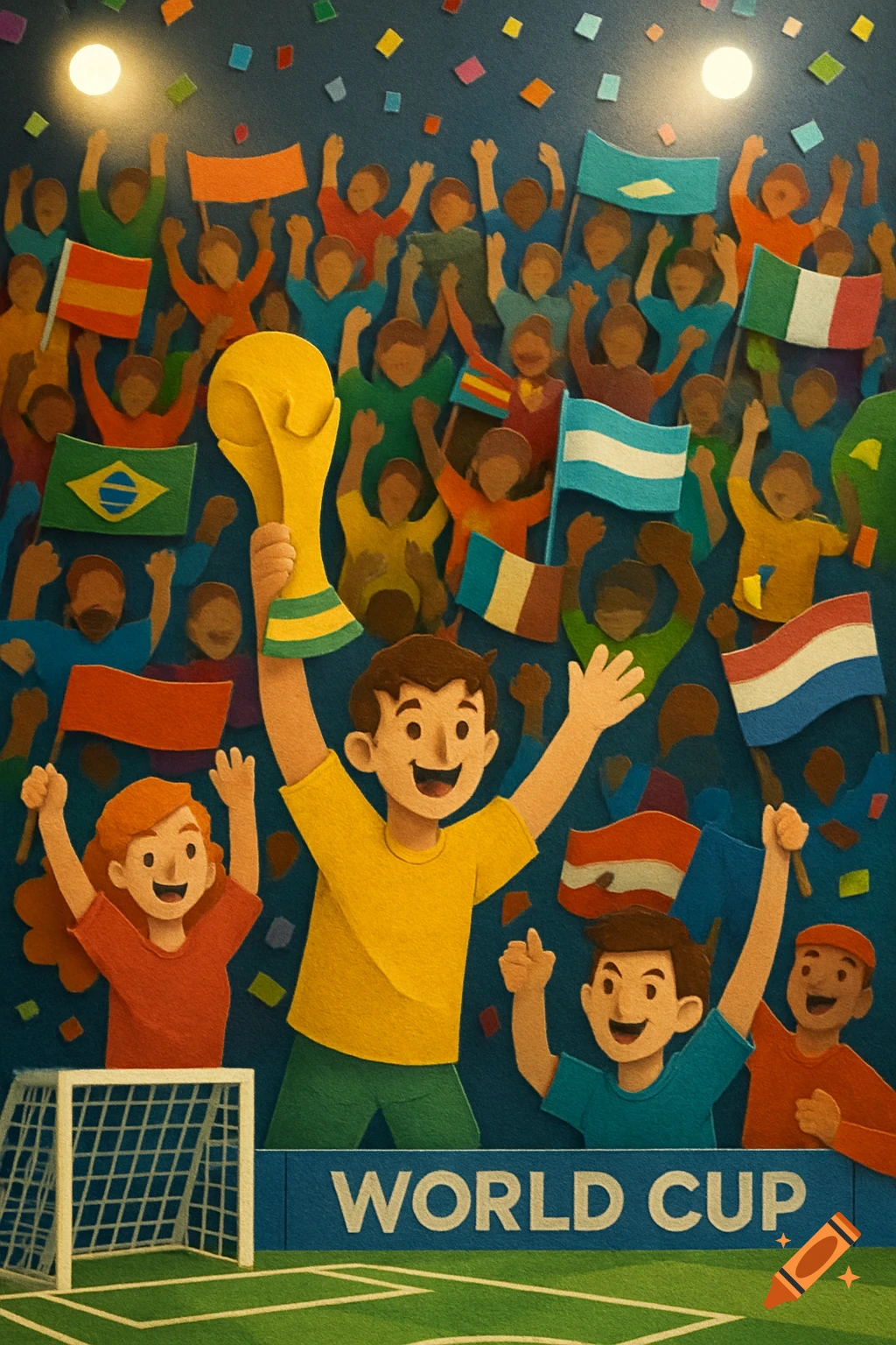 Colorful paper craft illustration of a cheering soccer crowd holding flags and a World Cup trophy in a stadium, with 'WORLD CUP' on a board.