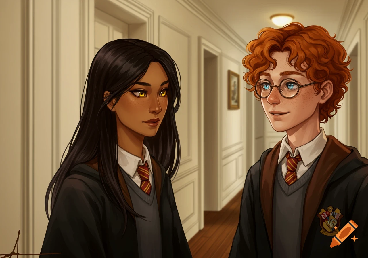 A dark-haired witch with golden eyes and a red-haired wizard with blue eyes and glasses, both in uniforms, stand in a hallway.