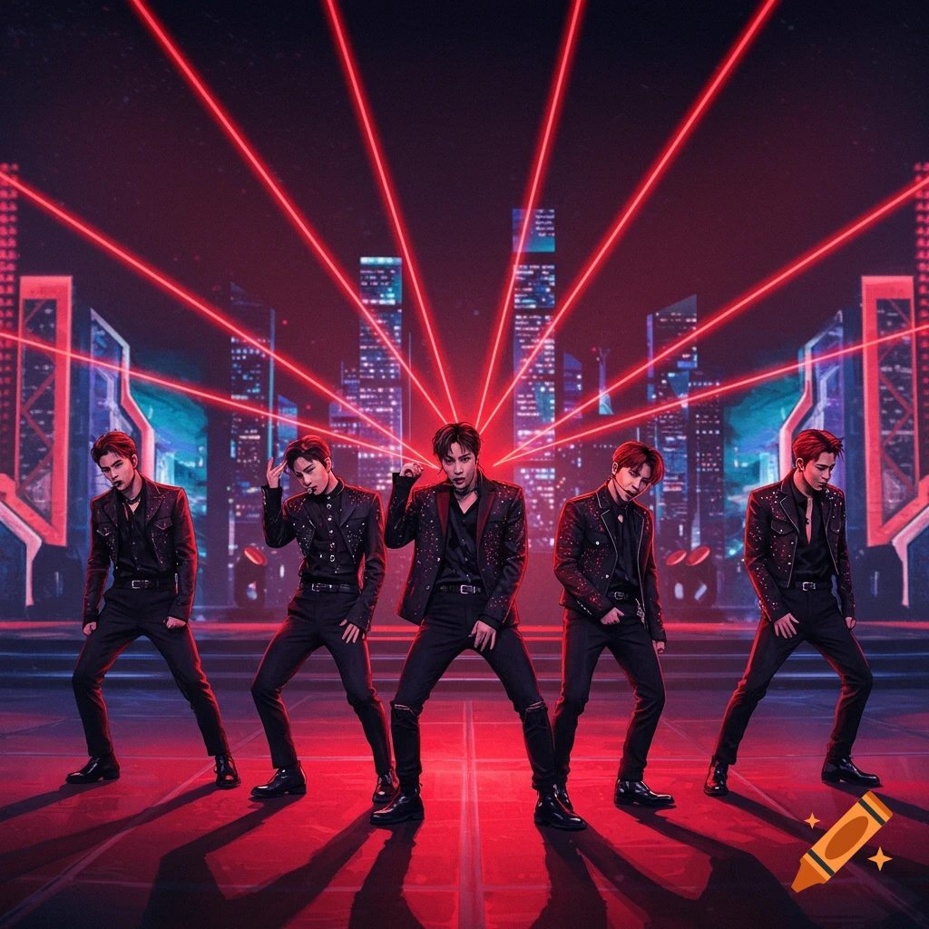 Five male K-pop performers in black outfits pose on a stage illuminated by red laser beams with a futuristic city skyline backdrop.
