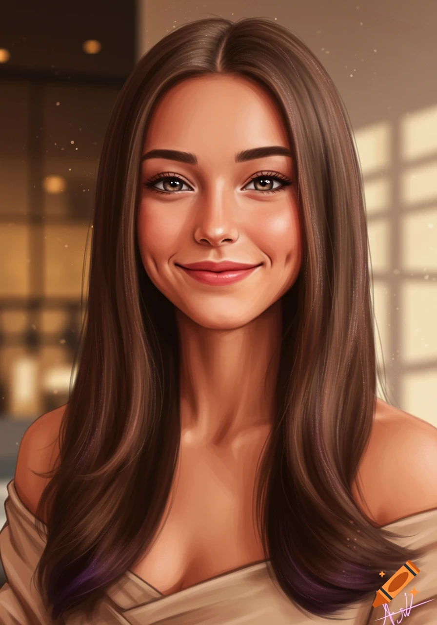 A smiling young woman with long brown hair, subtle purple highlights, brown eyes, and dimples, wearing an off-shoulder top in a digital painting style.