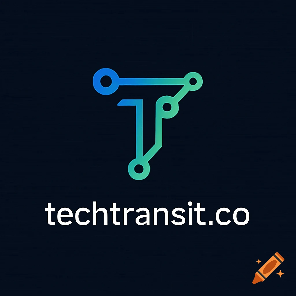 A modern logo featuring a blue and green gradient stylized 'T' resembling a circuit board, positioned above the white text "techtransit.co" on a dark background.