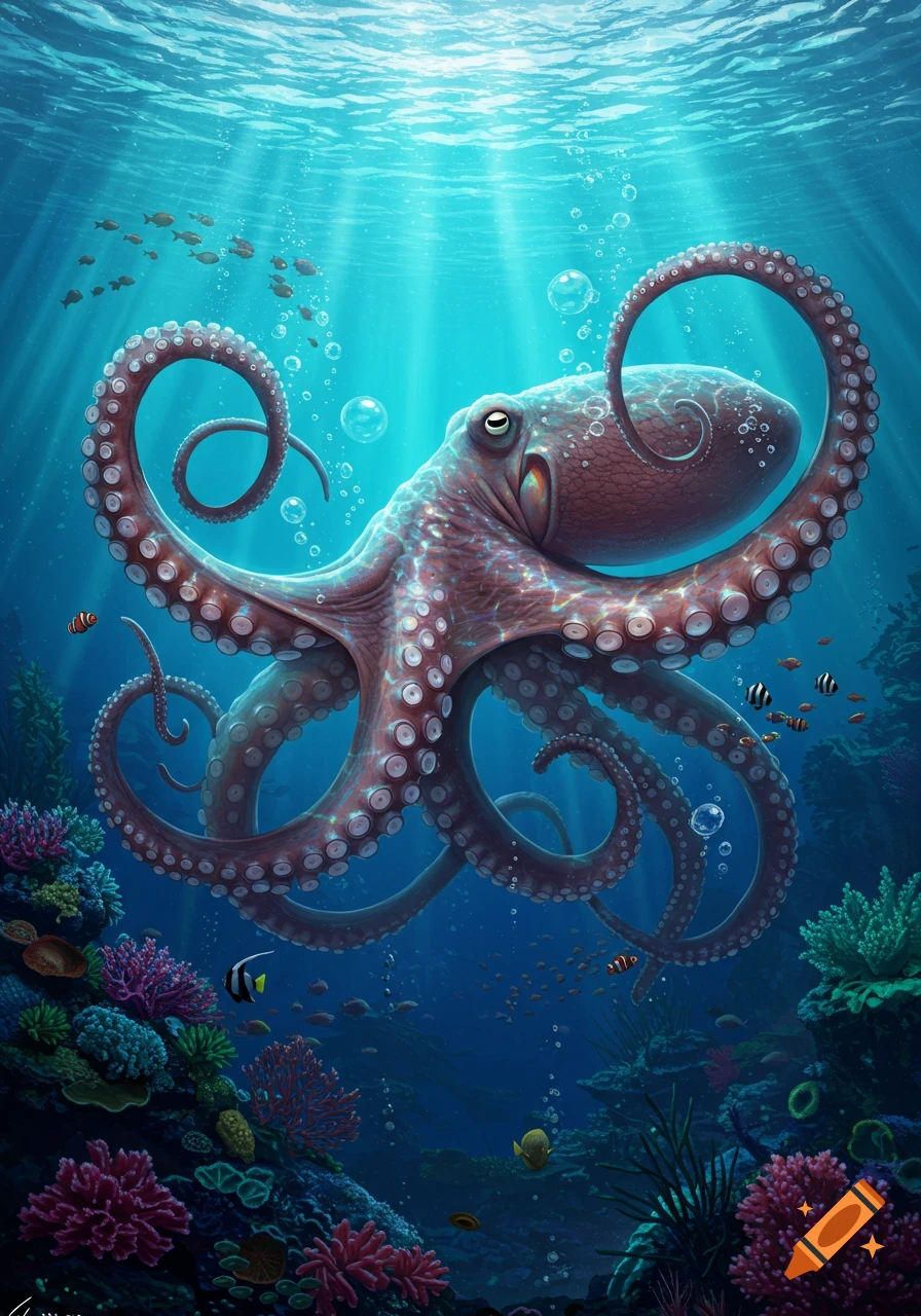 Vibrant illustration of a purple octopus swimming in a clear blue ocean, surrounded by colorful coral and small fish, with sun rays.