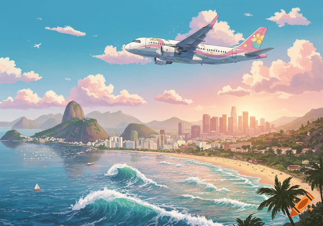 Ghibli-style illustration of an airplane flying over a coastal city with a beach, ocean waves, and mountains at sunset.