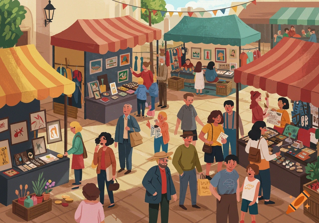 An overhead view illustration of a vibrant outdoor market with many people shopping, talking, and looking at art and goods displayed under striped tents.