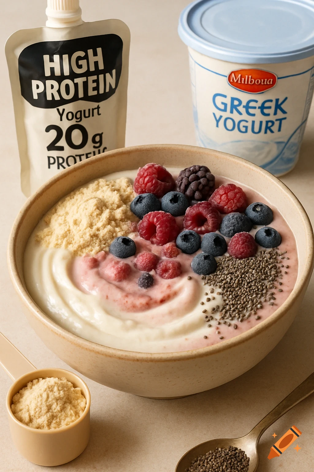 A close-up, top-down view of a creamy yogurt bowl topped with raspberries, blueberries, blackberries, protein powder, and chia seeds, with a protein yogurt pouch and a Greek yogurt container in the background.
