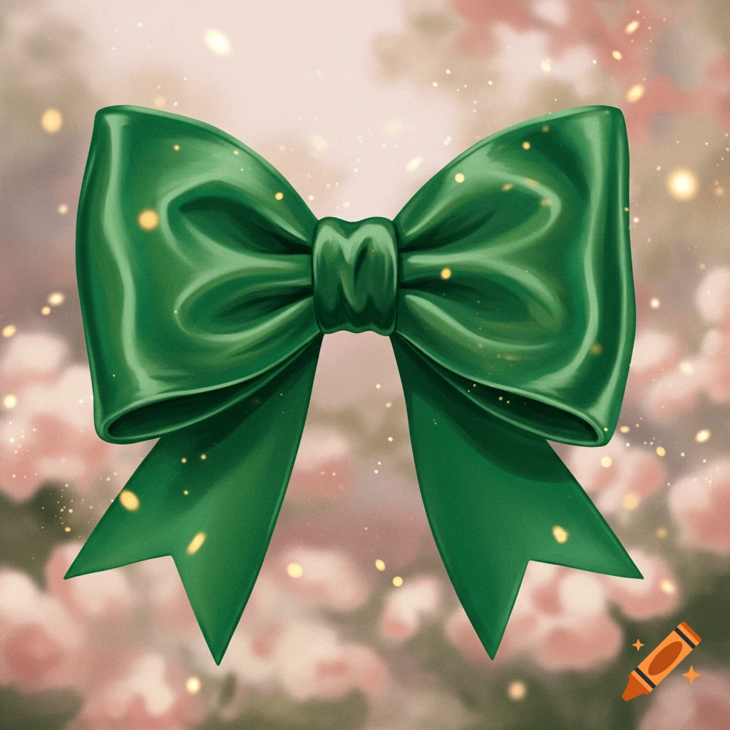 A vibrant green silky bow with shimmering specks, set against a soft, blurred background of pink and green flowers.