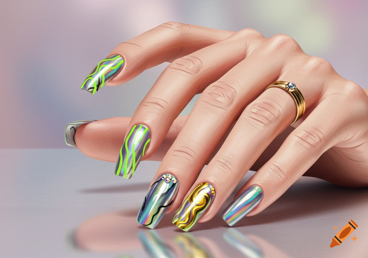 A hand with long, square-shaped nails featuring various iridescent and neon green wavy designs, wearing a simple gold ring.