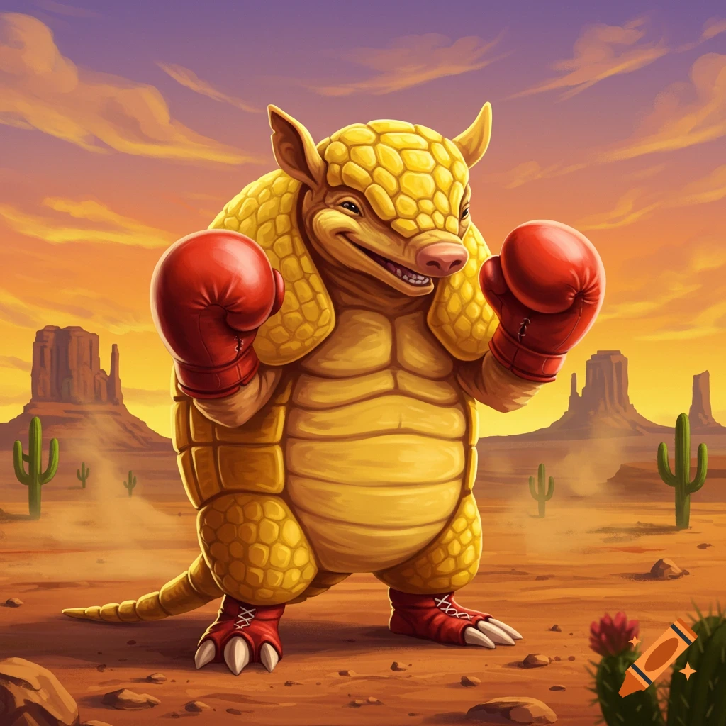 A cartoonish yellow armadillo with red boxing gloves and boots, grinning in a desert landscape with cacti and mountains under an orange sky.
