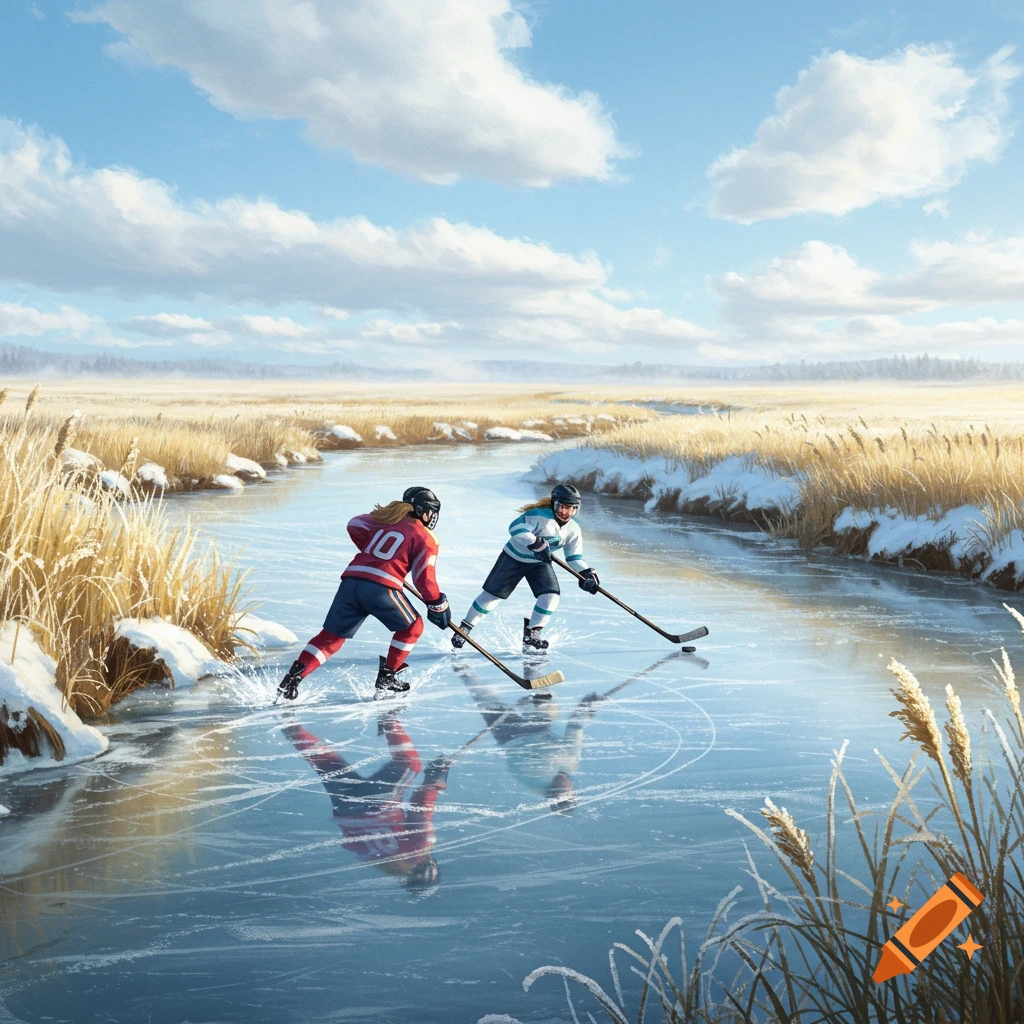 Two female hockey players skate on a frozen river in a winter prairie field under a cloudy sky.