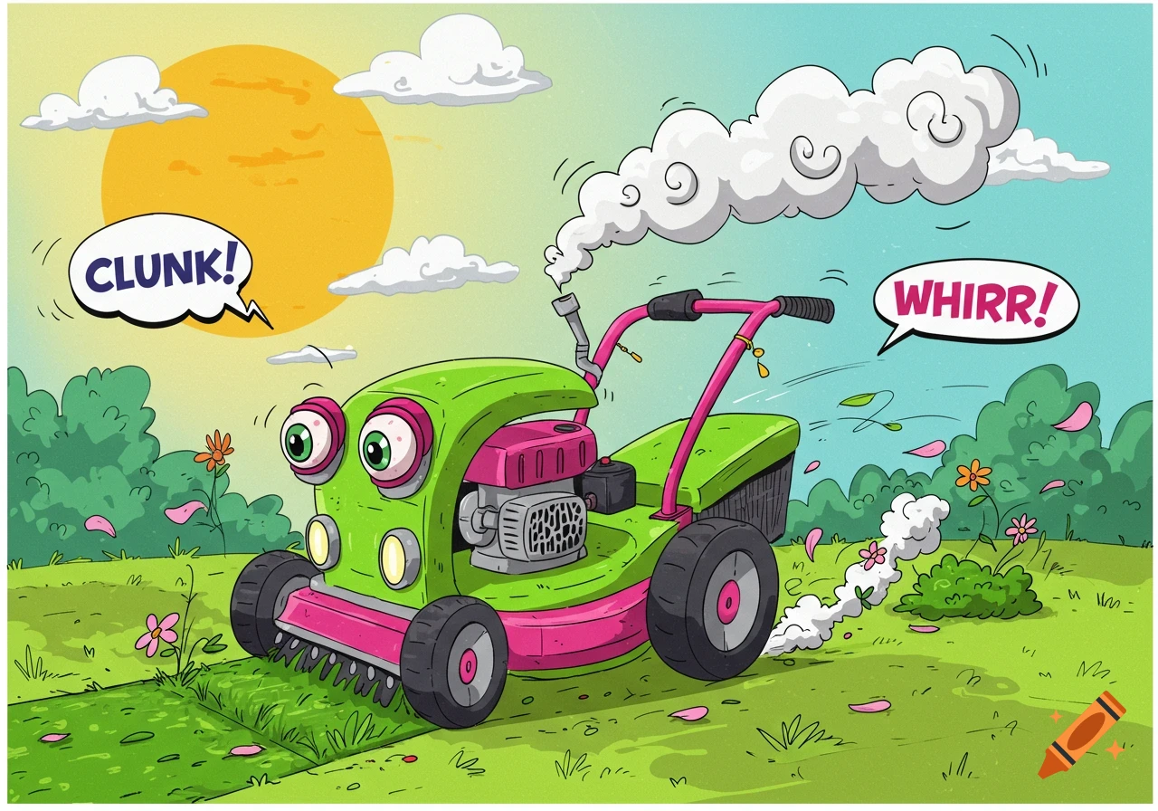 A cartoon green and pink lawnmower with googly eyes smokes and cuts grass in a sunny garden. Text says 'CLUNK!' and 'WHIRR!'